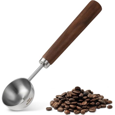 Cuchara medidora de café vintage de acero inoxidable de 15 ml con mango largo de madera, ideal para café molido, té a granel, preparación de leche y café en polvo.