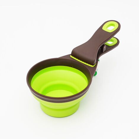 Cuchara multiusos para comida de mascotas, 3 en 1, plegable, de silicona, con clip para sellar bolsas para perros y gatos, para guardar golosinas, recipiente de viaje, 6,6 pulgadas
