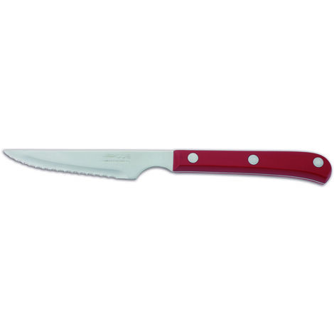 Cuchillo chuletero Arcos de Mesa 374822 monoblock de una pieza de acero inoxidable, mango color rojo y hoja de 11 cm en caja