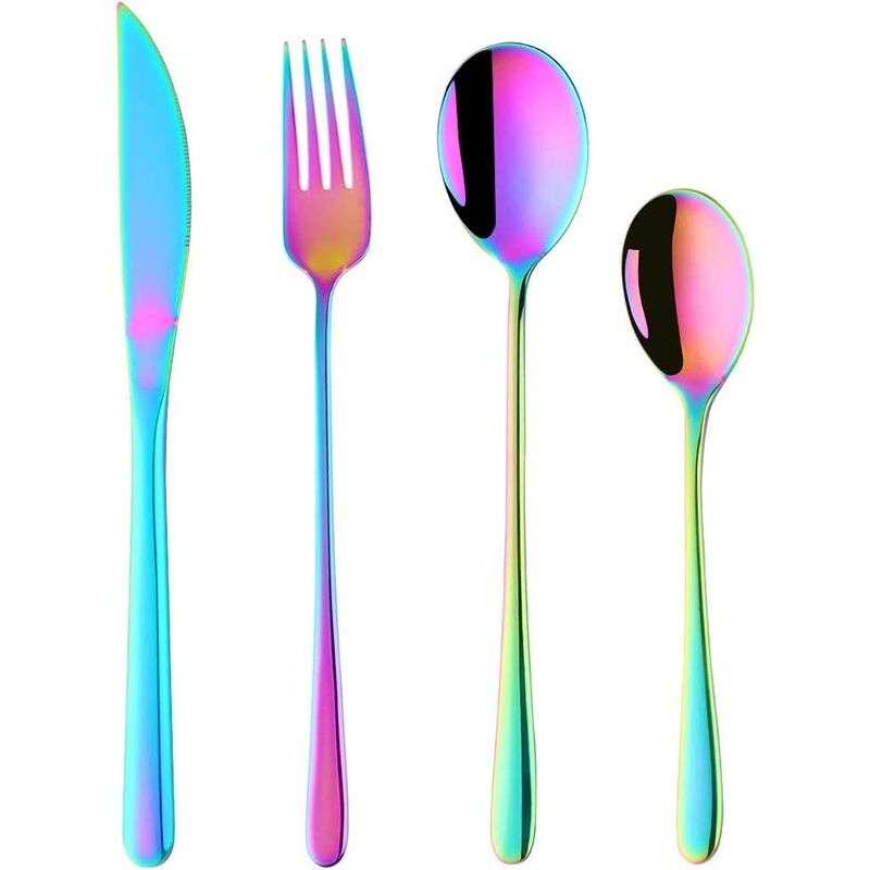 

Cuchillo de mesa de acero inoxidable de 4 piezas, tenedor, cuchara, cucharadita de cubiertos de arco iris