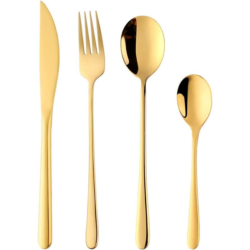 

Cuchillo de mesa de vajilla de acero inoxidable de 4 piezas, tenedor, cuchara, cubertería de cucharadita de oro