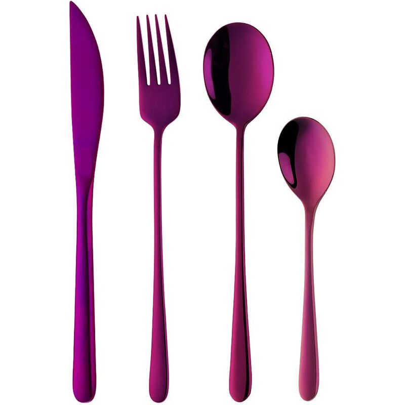 

Cuchillo de mesa de vajilla de acero inoxidable de 4 piezas, tenedor, cuchara, cubertería de cucharadita púrpura