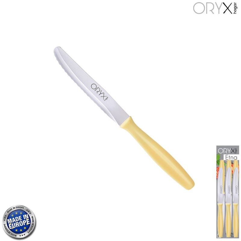 

Cuchillo mesa etna hoja sierra acero inoxidable 10 cm. amarillo (blister 6 piezas)