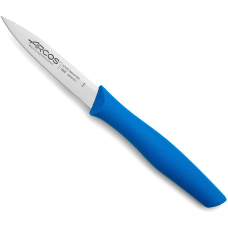 Cuchillo Mondador Arcos Nova 188523 de acero inoxidable Nitrum y mango de Polipropileno, de color azul hoja de 8,5 cm con funda hoja y caja expositor
