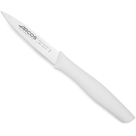 Cuchillo Mondador Arcos Nova 188524 de acero inoxidable Nitrum y mango de Polipropileno, de color blanco hoja de 8,5 cm con funda hoja y caja expositor