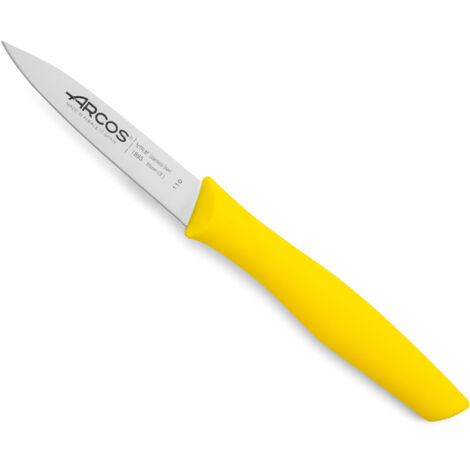Cuchillo Mondador Arcos Nova 188525 de acero inoxidable Nitrum y mango de Polipropileno, de color amarillo hoja de 8,5 cm con funda hoja y caja expositor