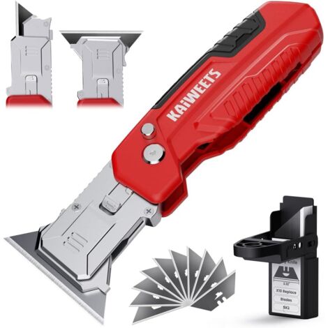 Cuchillo multiusos, cortador de cajas plegable 2en1 con almacenamiento de hojas, diseño retráctil, 12 hojas de repuesto negras SK2, herramienta EDC para el hogar y la oficina