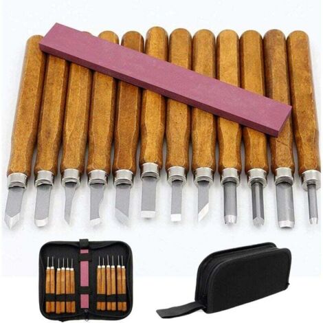 Cuchillos para tallar, cuchillos artesanales para tallar madera, juego de cuchillos de goma para tallar, paquete de 12 cuchillos para tallar madera envueltos en tela + 1 piedra de afilar roja