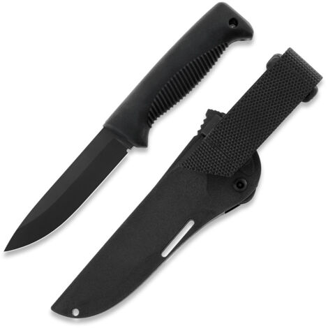 Cuchillos Peltonen M07 Ranger Puukko Sissipuukko FJP080, acero 80CrV2 con revestimiento de PTFE negro, mango de TPE negro, funda de composite negro