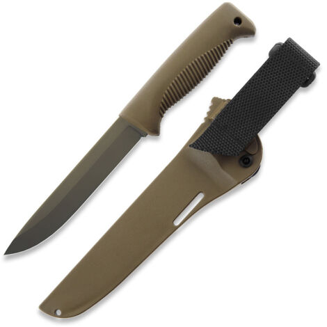 Cuchillos Peltonen M95 Ranger Puukko Sissipuukko FJP060, acero 80CrV2 con revestimiento Cerakote FDE, mango de TPE coyote, funda de composite coyote.