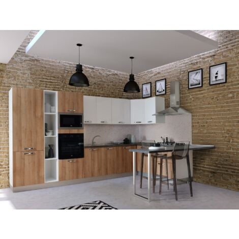 Cucina a composizione fissa angolare con penisola, rovere-rustico con elettrodomestici - America