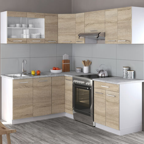 Cucina ad angolo Rick, Bianco/Sonoma, 207 cm , PL Marmo con striscia LED, Vicco