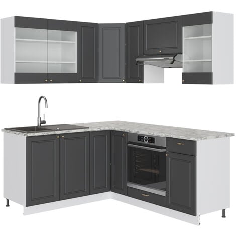 Cucina angolare completa Fame-Line, Antracite-Oro/Bianco, 160 x 60 cm senza piano di lavoro, Vicco