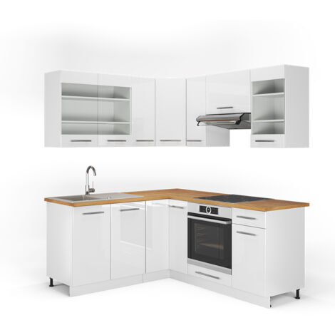 Cucina angolare completa Fame-Line, Bianco lucido/bianco, 160 x 190 cm , PL Rovere, Vicco