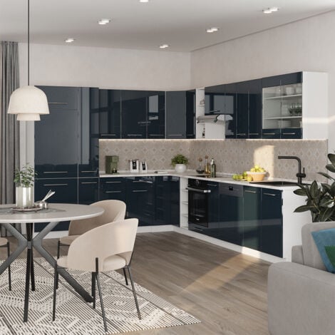 Cucina angolare completa Fame-Line, Blu scuro lucido/bianco, 257 x 60 cm senza piano di lavoro, Vicco