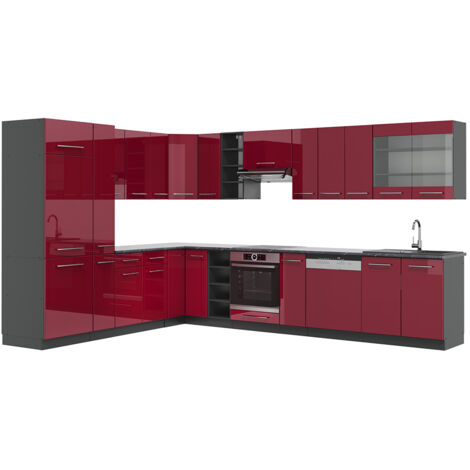 Cucina angolare completa Fame-Line, Bordeaux lucido/antracite, 347 x 257 cm senza piano di lavoro, Vicco