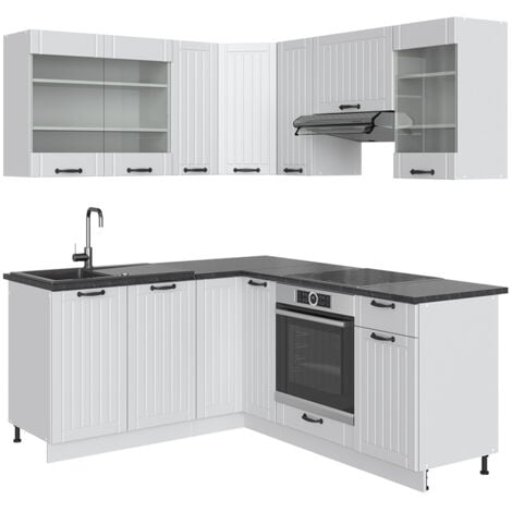 Cucina angolare completa Fame-Line, Casa di campagna bianca/bianco, 160 x 60 cm senza piano di lavoro, Vicco