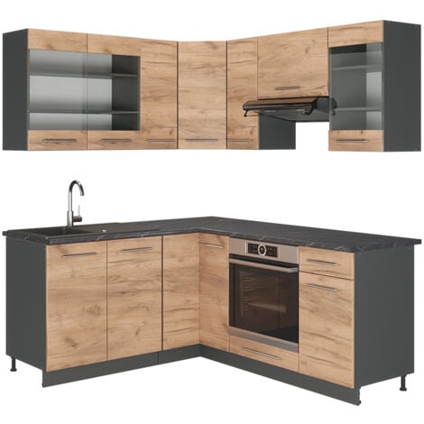 Cucina angolare completa Fame-Line, Quercia dorata/antracite, 160 x 60 cm senza piano di lavoro, Vicco