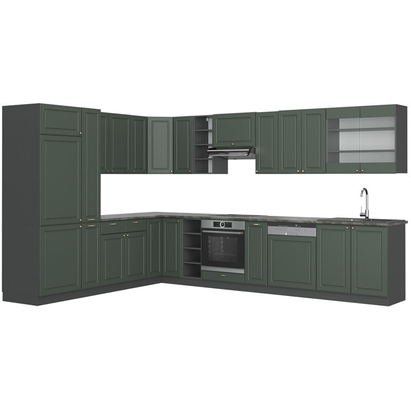 Image of Vicco - Cucina angolare completa Fame-Line, Verde-oro Country House/Antracite, 347 x 257 cm , pl Marmo