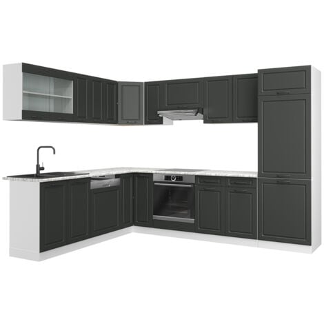 Cucina angolare completa R-Line, Antracite casa di campagna/bianco, 227 x 287 cm senza piano di lavoro, Vicco