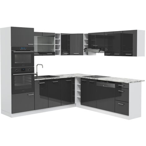 Cucina angolare completa R-Line, Antracite lucido/bianco, 237 x 60 cm , PL Marmo, Vicco