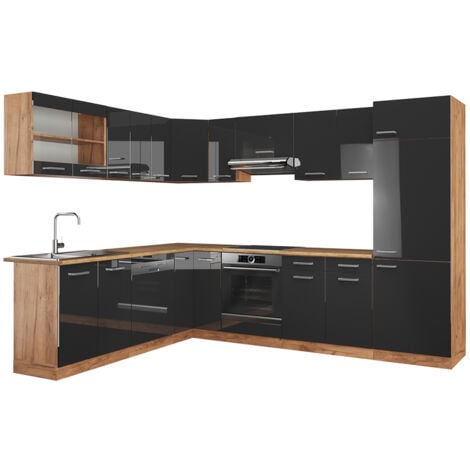 Cucina angolare completa R-Line, Antracite lucido/oro power oak, 227 x 287 cm senza piano di lavoro, Vicco