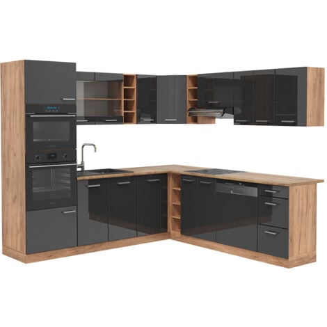 Cucina angolare completa R-Line, Antracite lucido/oro power oak, 237 x 60 cm senza piano di lavoro, Vicco