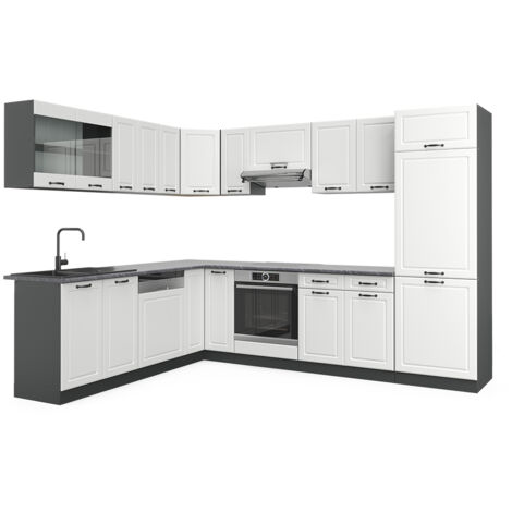 Cucina angolare completa R-Line, Bianco casa di campagna/antracite, 227 x 287 cm senza piano di lavoro, Vicco