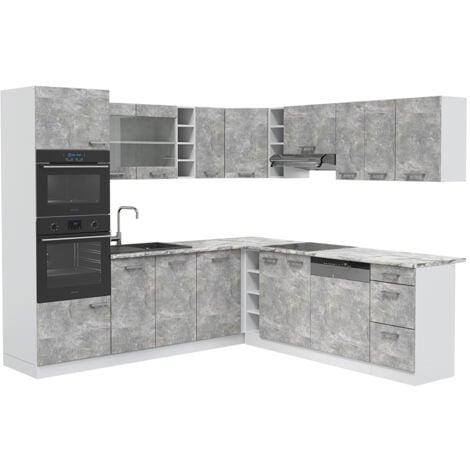 Cucina angolare completa R-Line, Cemento/Bianco, 237 x 60 cm senza piano di lavoro, Vicco