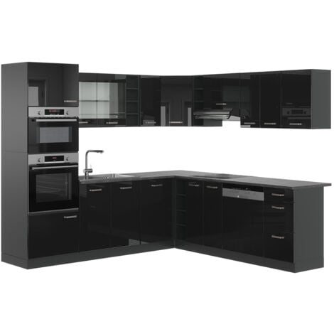 Cucina angolare completa R-Line, Nero lucido/antracite, 237 x 60 cm senza piano di lavoro, Vicco