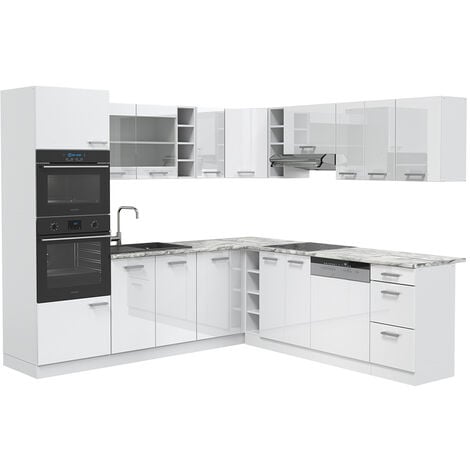 Cucina angolare „R-Line“ 247x237cm bianco lucido con piano di lavoro Vicco