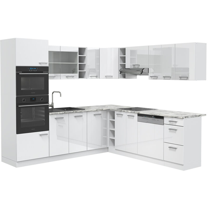 Vicco - Cucina angolare completa R-Line, Bianco lucido/bianco, 237 x 60 cm , pl Marmo