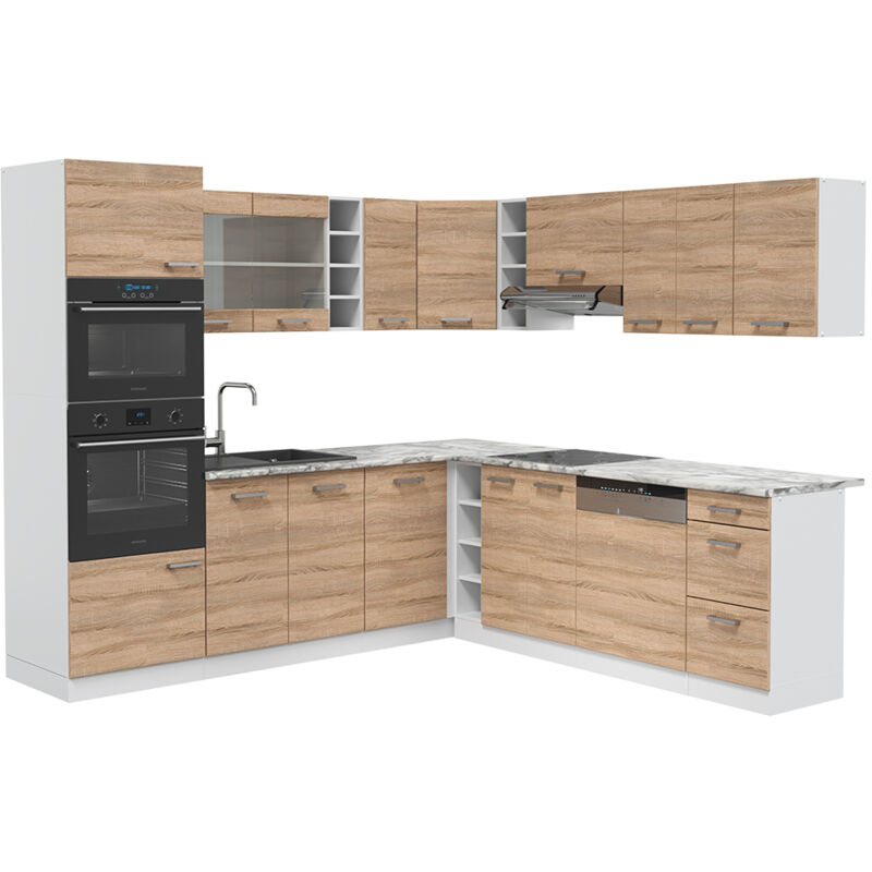 Vicco - Cucina angolare completa R-Line, Sonoma/Bianco, 237 x 60 cm , pl Marmo