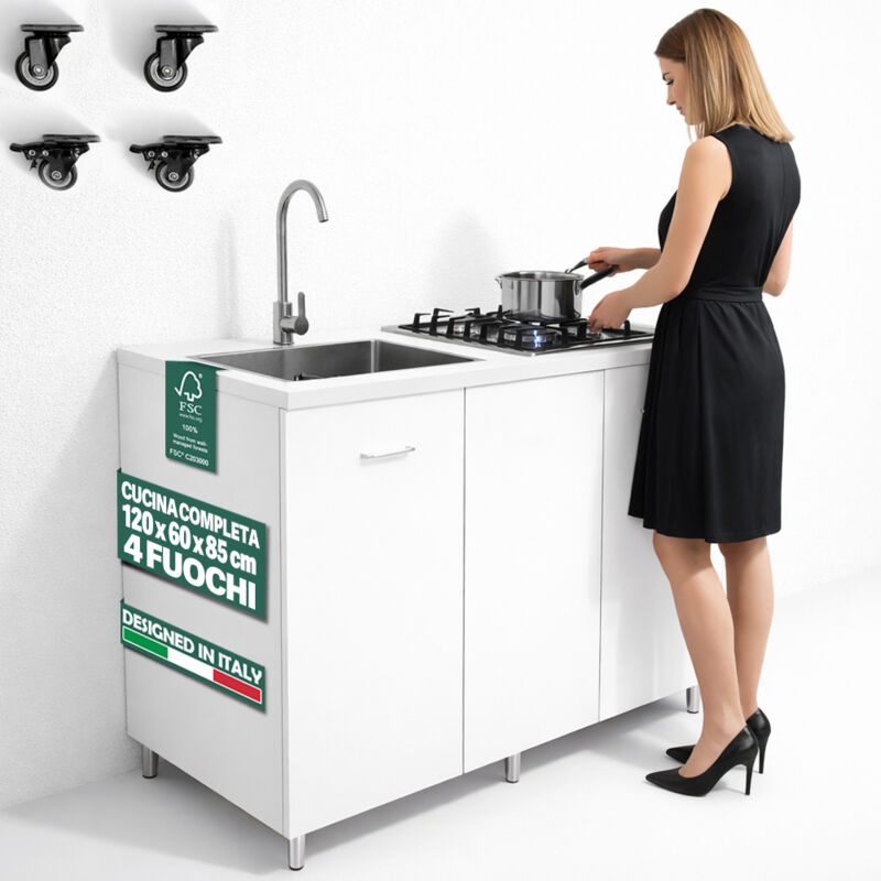 Cucina Completa 120x60 Cm Bianco Con Piano Cottura 4 Fuochi Lavello...