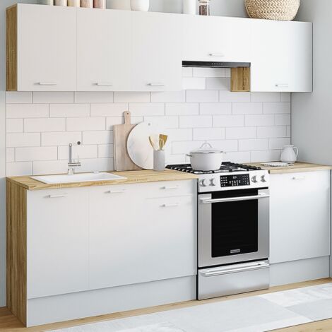 Cucina completa 240 cm SUBTIL con 7 piani di lavoro in legno e bianco