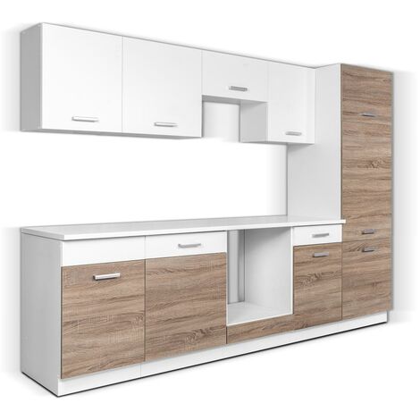 Cucina completa 280 cm 9 elementi portaoggetti Naturale e Bianco - CIBONA - Naturale scuro, Bianco
