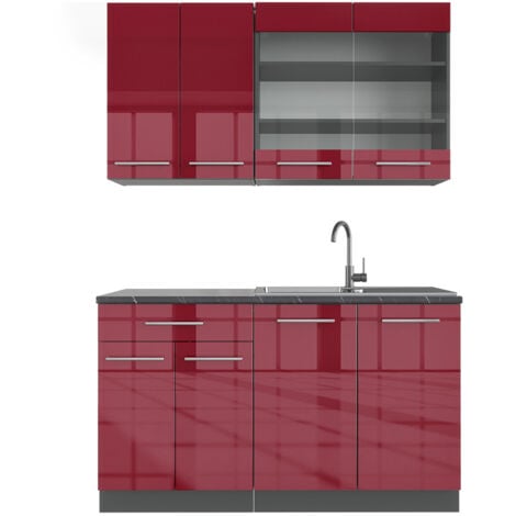 Cucina completa Fame-Line, Bordeaux lucido/antracite, 140 cm senza piano di lavoro, Vicco