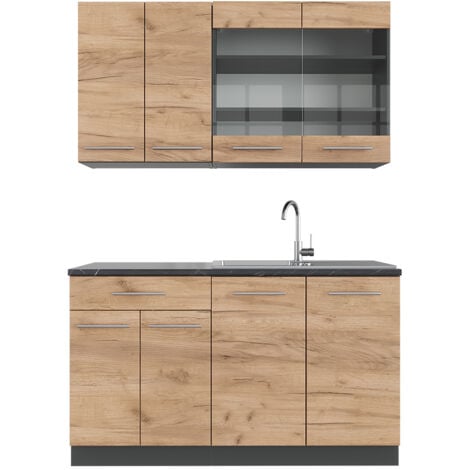 Cucina completa Fame-Line, Quercia dorata/antracite, 140 cm senza piano di lavoro, Vicco