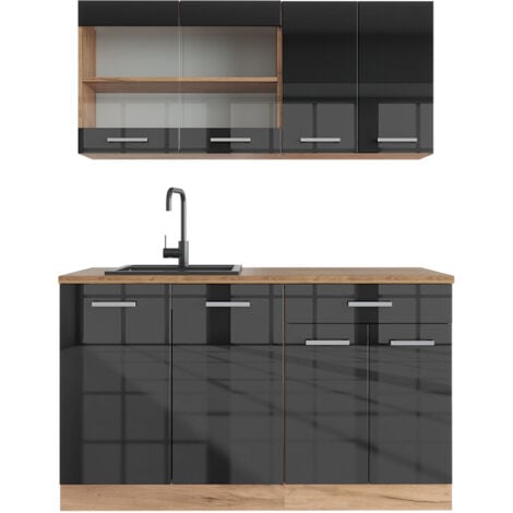 Cucina completa R-Line, Antracite lucido/oro power oak, 140 cm senza piano di lavoro, Vicco