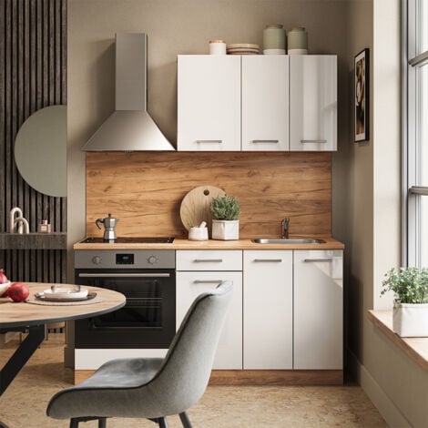 Cucina completa R-Line, Bianco lucido/oro power oak, 160 cm con colonna forno senza piano di lavoro, Vicco