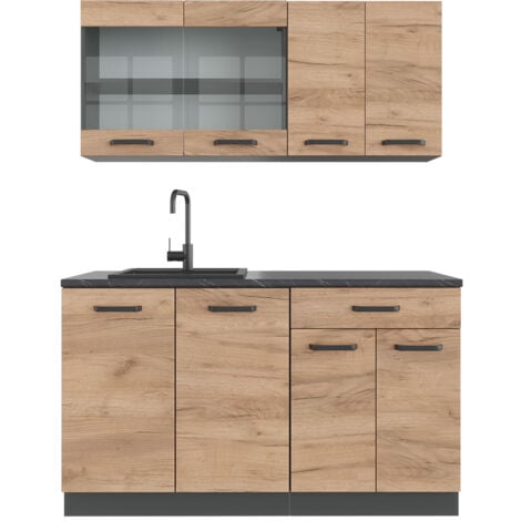 Cucina completa R-Line, Quercia dorata/antracite, 140 cm senza piano di lavoro, Vicco