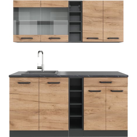 Cucina completa R-Line, Quercia dorata/antracite, 160 cm senza piano di lavoro, Vicco
