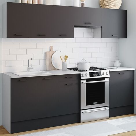 Cucina completa SUBTIL 240 cm con 7 piani di lavoro in bianco e grigio