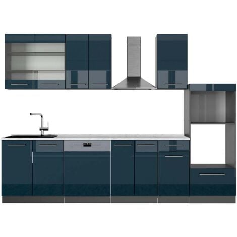 Cucina componibile Fame-Line, Blu scuro lucido/antracite, 300 cm con armadio alto, PL Marmo, Vicco