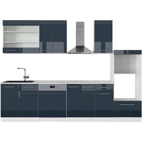 Cucina componibile Fame-Line, Blu scuro lucido/bianco, 300 cm con armadio alto, senza piano di lavoro, Vicco