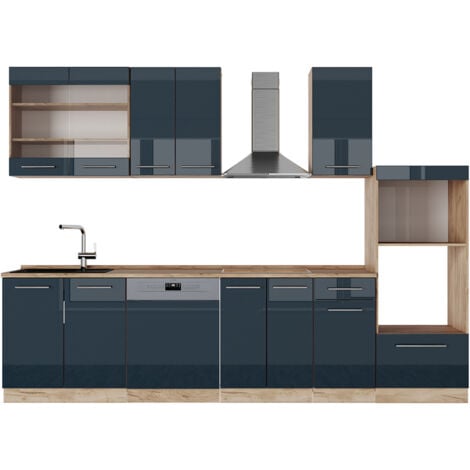 Cucina componibile Fame-Line, Blu scuro lucido/rovere dorato, 300 cm con armadio alto, senza piano di lavoro, Vicco