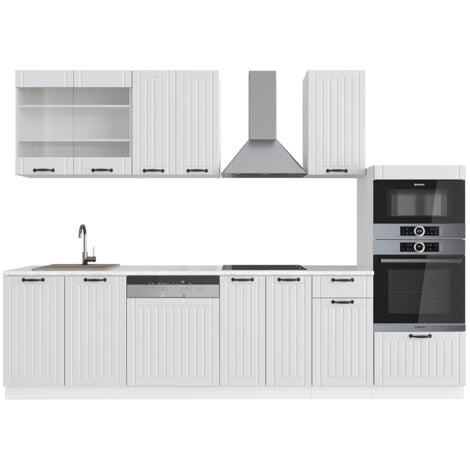 Cucina componibile Fame-Line, Casa di campagna bianca/bianco, 300 cm con armadio alto, senza piano di lavoro, Vicco