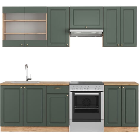Cucina componibile Fame-Line, Quercia verde-oro Country/oro Power, 240 cm senza piano di lavoro, Vicco