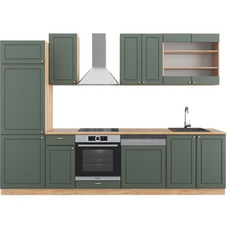 Cucina componibile Fame-Line, Quercia verde-oro Country/oro Power, 300 cm senza piano di lavoro, Vicco