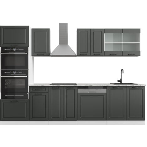 Cucina componibile R-Line, Antracite casa di campagna/bianco, 300 cm con armadio alto, senza piano di lavoro, Vicco